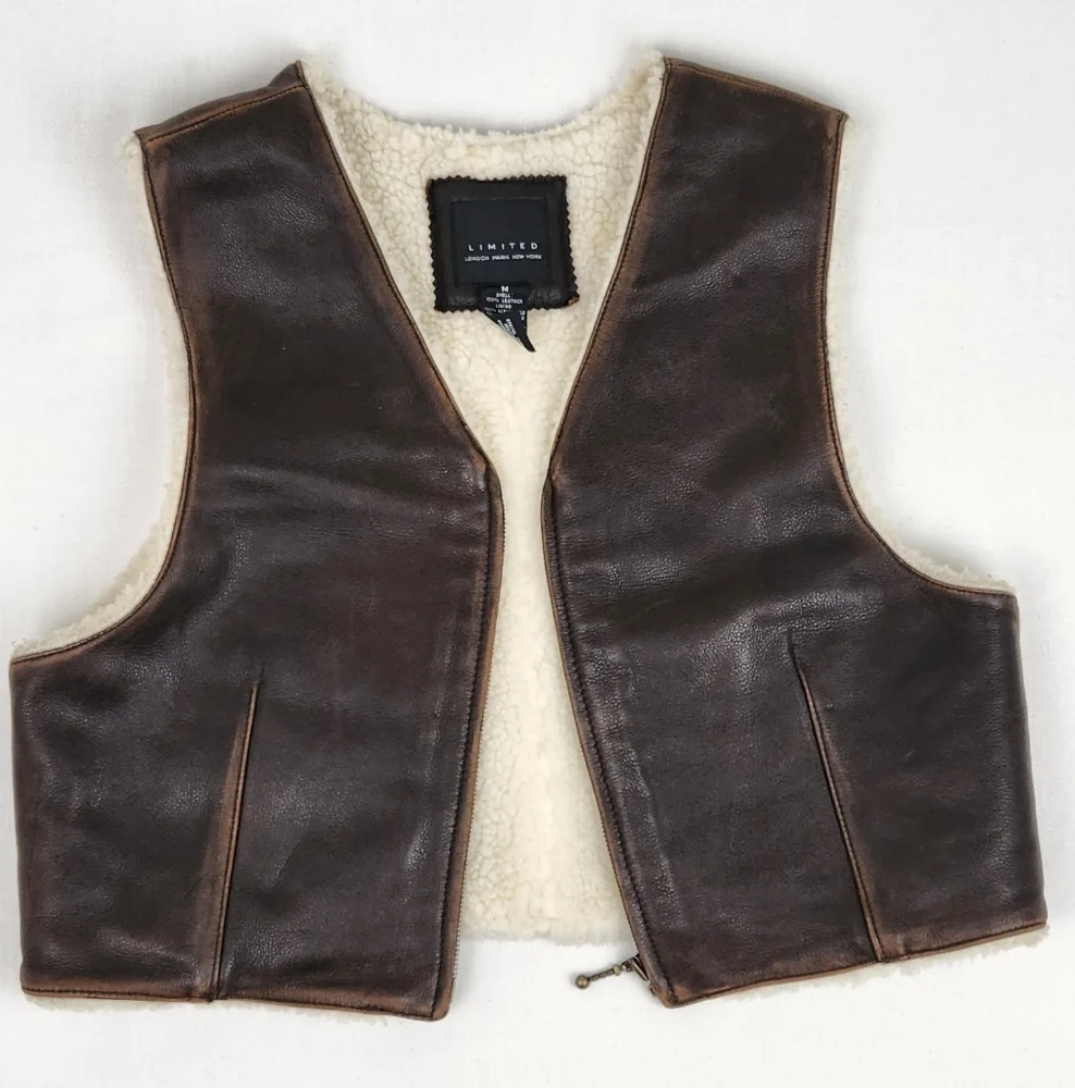 The Limited Brown Leather Sherpa Zip Up Vest. Medium - Picture 1 of 9